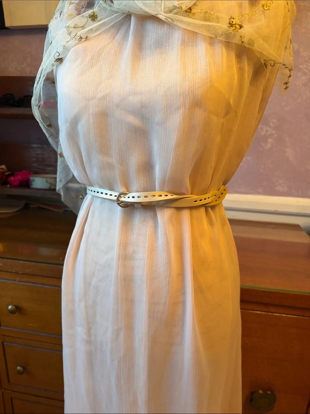 Cream Cutout Leather Women's Belt with Silver Buckle